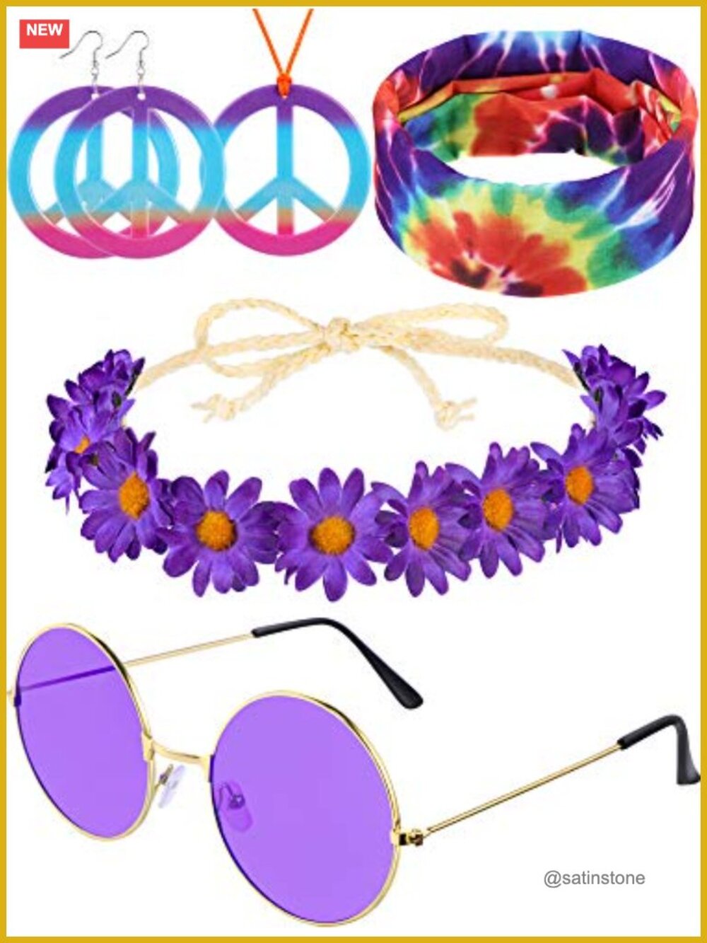 5 Pc Hippie Accessories Set Peace Sign 70s Halloween Costume Adult